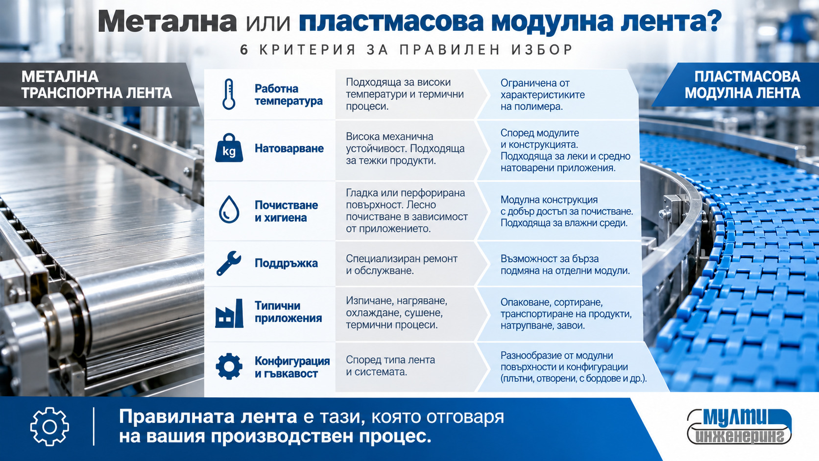 Инфографика с шест критерия за избор между метални и пластмасови модулни транспортни ленти