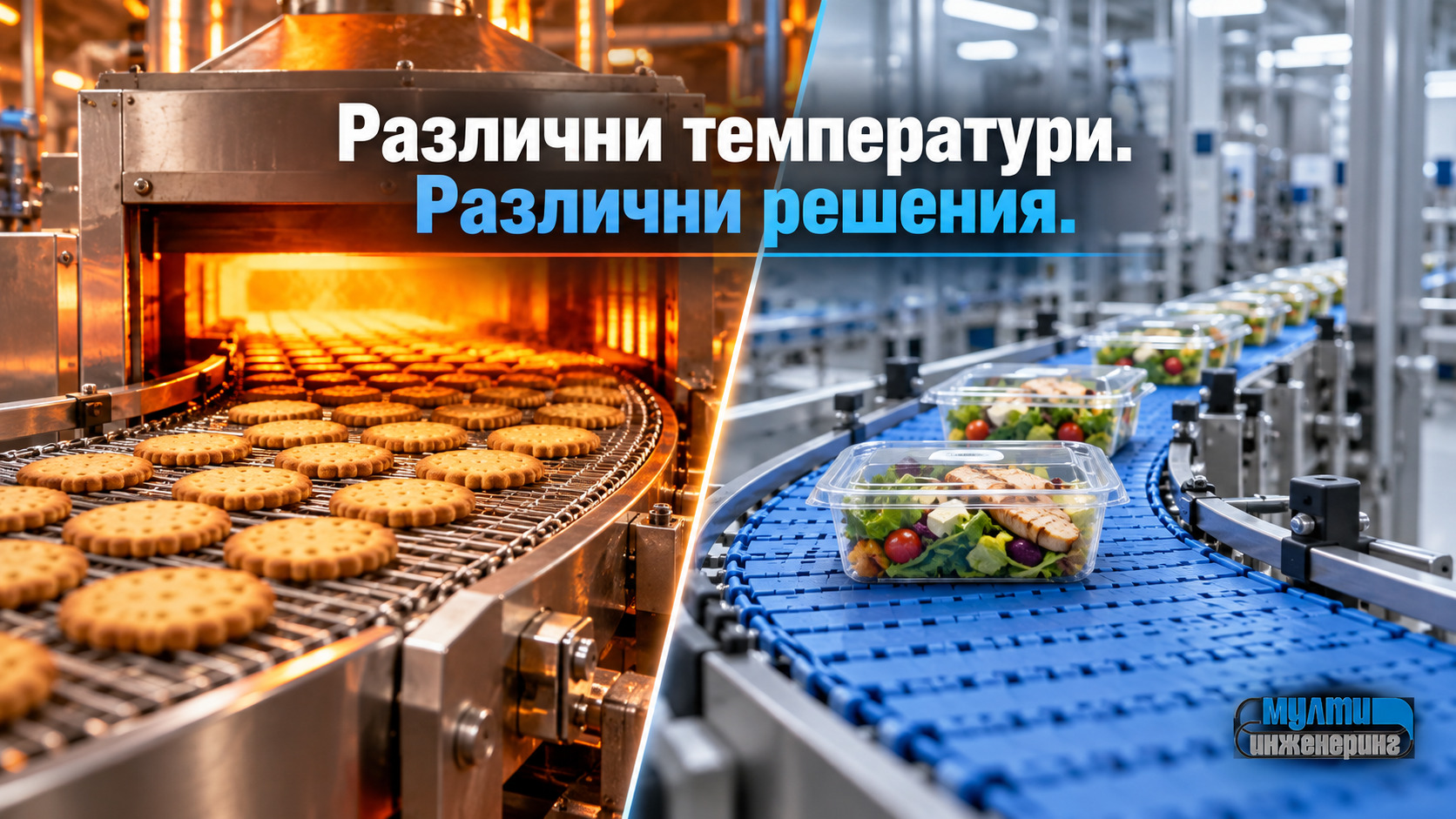 Метална транспортна лента в индустриална пещ и пластмасова модулна лента за транспортиране на хранителни продукти